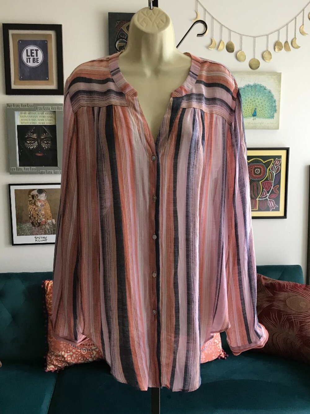 HOPE & HARLOW size XL Pink Orange & Blue Striped Gauzy Rayon Blend Tunic Blouse